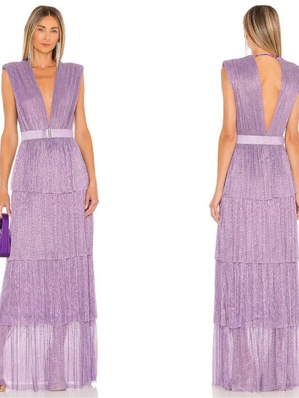 SABINA MUSAYEV Skylar Deep V Pleated Tiered Metallic Purple Maxi Dress Size XS